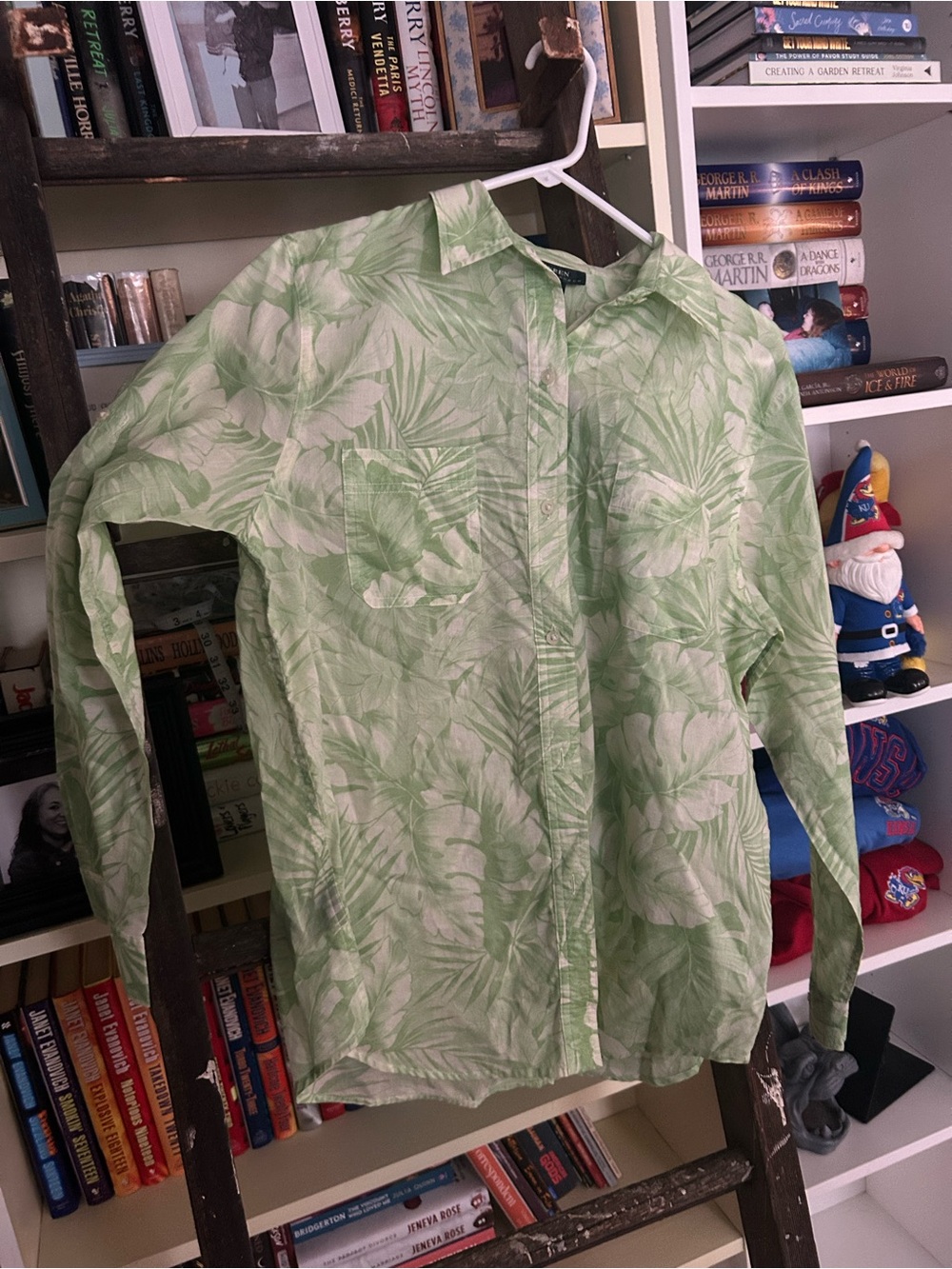 Ralph Lauren Light Green Tropical Leaf Button-Up Blouse